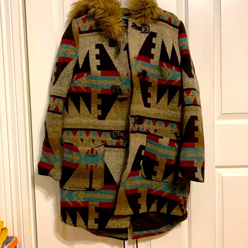Fur Hood Native Print Winter Coat